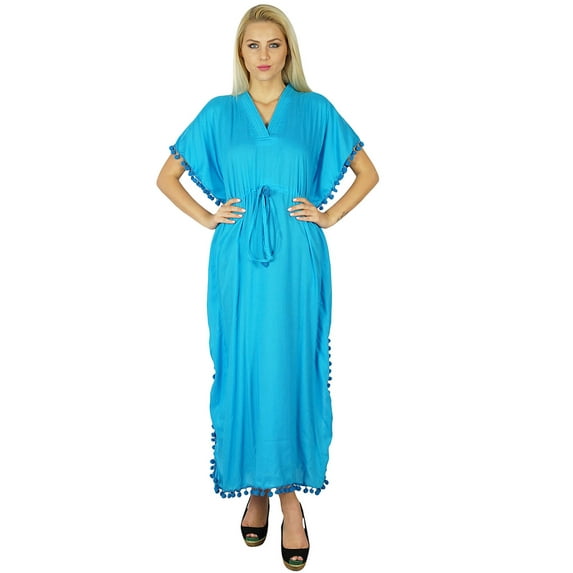 Bimba Women Cotton Long Kaftan With Pom Pom Tassels Maxi Caftan Beach Coverup