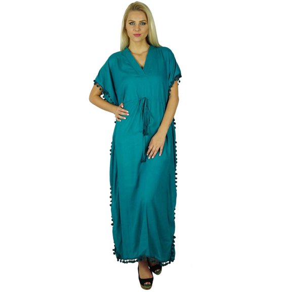 Bimba Women Cotton Long Kaftan With Pom Pom Tassels Maxi Caftan Beach Coverup