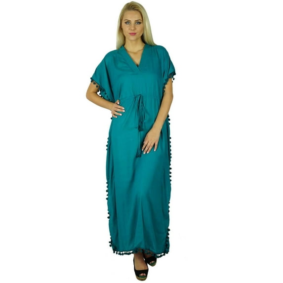 Bimba Women Cotton Long Kaftan With Pom Pom Tassels Maxi Caftan Beach Coverup