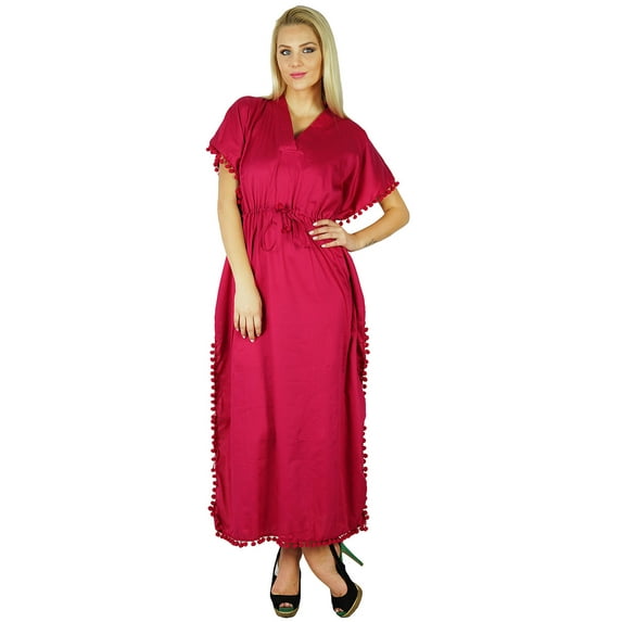 Bimba Women Cotton Long Kaftan With Pom Pom Tassels Maxi Caftan Beach Coverup