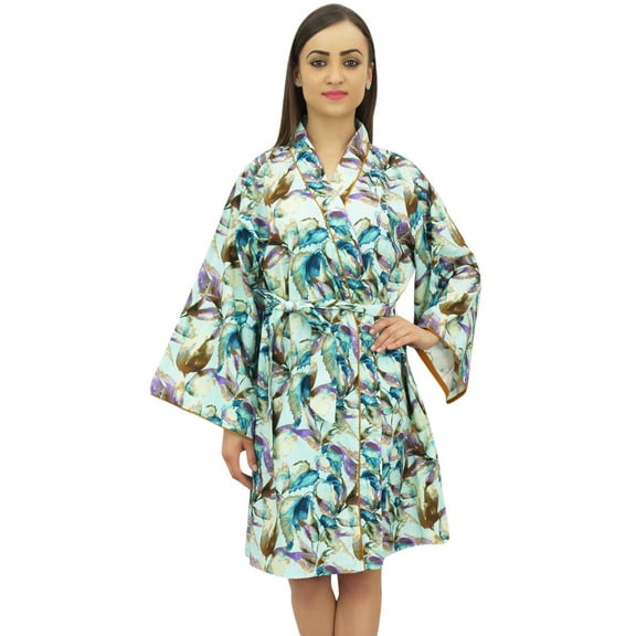 Bimba Women Cotton Poplin Leaf Printed Short Kimono Robe With Belt Cover Up-8