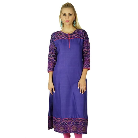 Bimba Women Cotton Purple Kurta Kurti Ethnic Ikat Print Indian 3/4 Sleeve Top Tuni