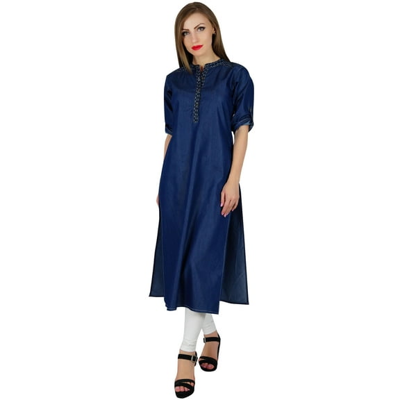 Bimba Women Denim Blue Kurti 3/4 Sleeve Casual Kurta Straight Tunic Blouse