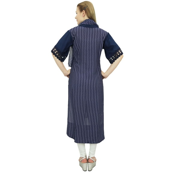 Bimba Women Designer Navy Blue High Low Straight Kurti Dress With Printed Scarf - 20