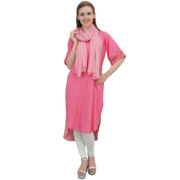 Bimba Women Designer Pink High Low Straight Kurti Dress With Printed Scarf - 16