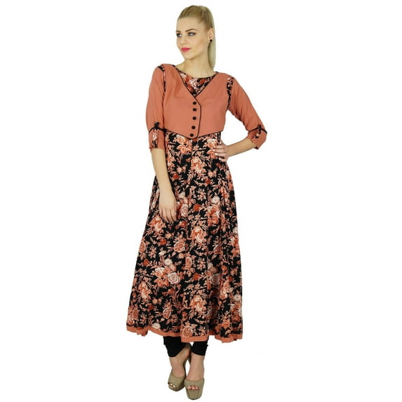 Bimba Women Floral Anarkali Kurti Long Flaired Rayon Kurta Indian Ethnic Blouse