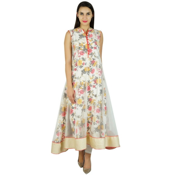 Bimba Women Floral Anarkali Printed Kurta Dupion Silk & Net Kurti Long Formal Party Dress Wear