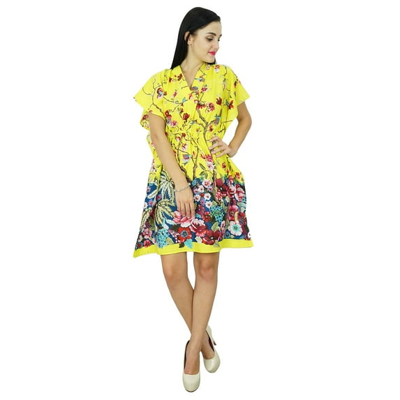Bimba Women Floral Kaftan Dress Beach Cover Up Cotton Short Caftan