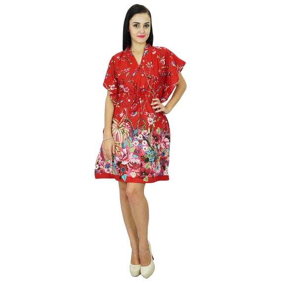 Bimba Women Floral Kaftan Dress Beach Cover Up Cotton Short Caftan