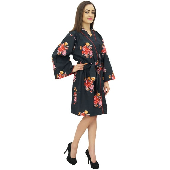Bimba Women Floral Print Black Full Sleeve Bridesmaid Kimono Robe With Belt - 10