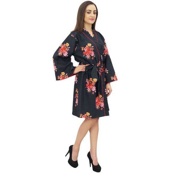 Bimba Women Floral Print Black Full Sleeve Bridesmaid Kimono Robe With Belt - 10