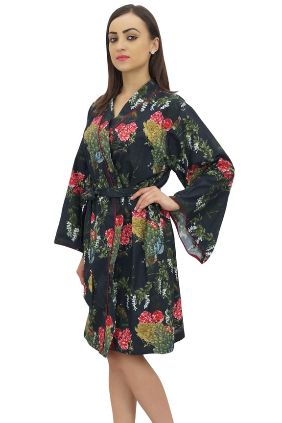 Women Floral Print Kimono Short Robe With Belt Bridesmaid Cover Up - 16