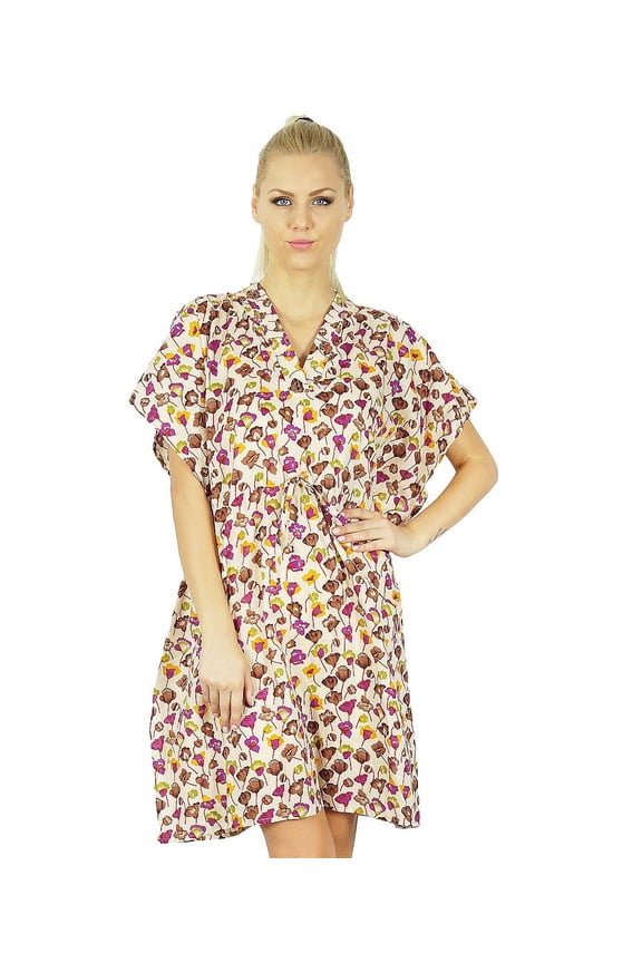 Women Floral Printed Cotton Kaftan Dress Short Tunic Beach Caftan