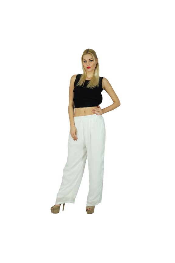 Women Gergette Palazzo Pants Elastic Waist Casual Clothing