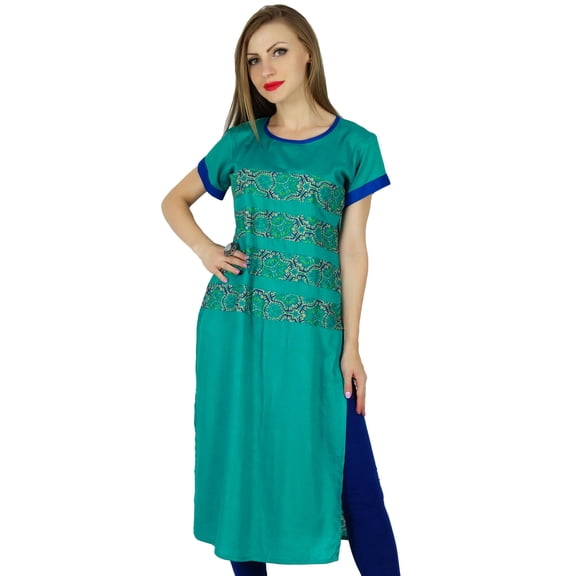 Bimba Women Green Kurti Kurta Round Neck Tunic Casual Summer Blouse