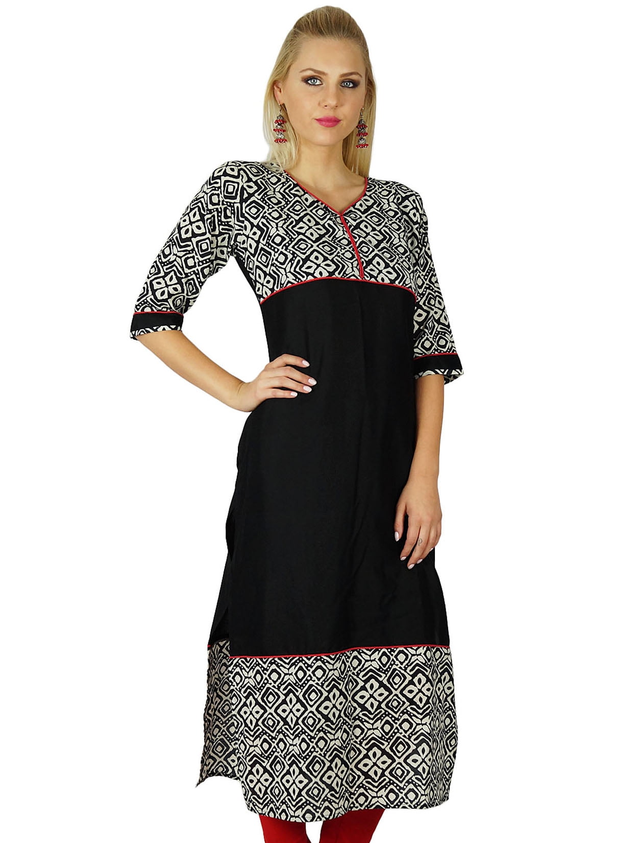 Bimba Women's Rayon Kurta – 3/4 Sleeve Indian Ethnic Casual Kurti Blouse, Mid-Calf Length, White
