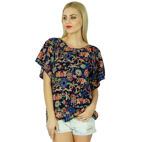 Bimba Women Kimon Sleeve Printed Top Short Rayon Blouse Casual Boho Clothing