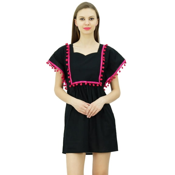 Bimba Women Kimono Short Kaftan Dress Pom Pom Lace Boho Beach Coverup Dresses