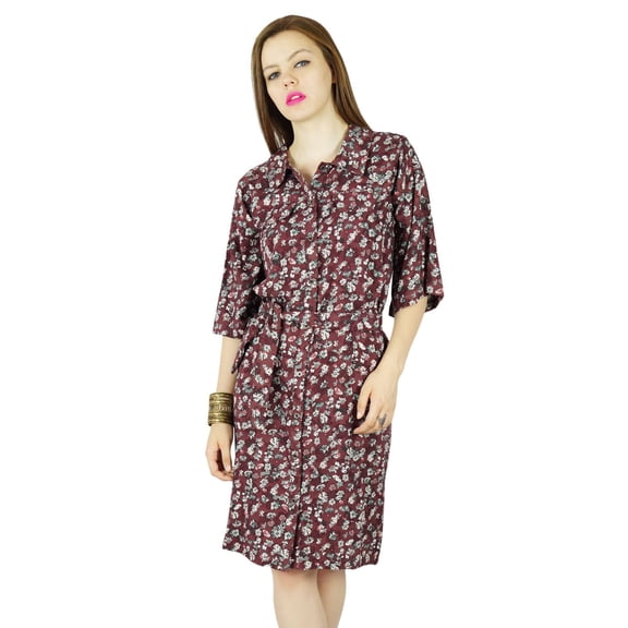 Bimba Women Knee LengthBrown Rayon Safari Dress 3/4 Sleeve Button Down
