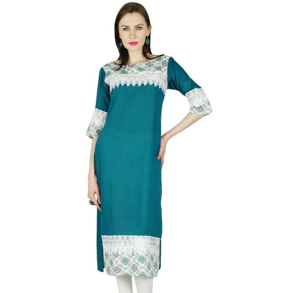 Bimba Women Kurta Kurti 3/4 Sleeve Formal Casual Rayon Tunic Blouse With Lace