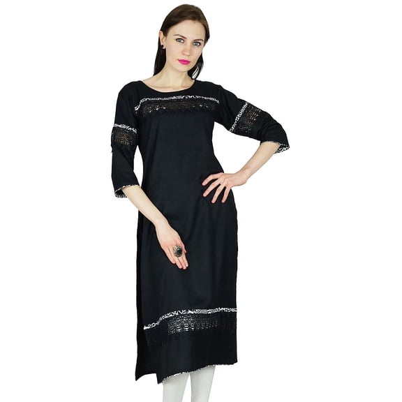 Bimba Women Kurta Kurti 3/4 Sleeve Formal Casual Rayon custom Tunic Blouse With Lace