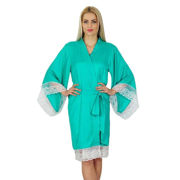 Bimba Women Lace Kimono Sleeve Short Satin Robe Getting Ready Bides Robe Coverup