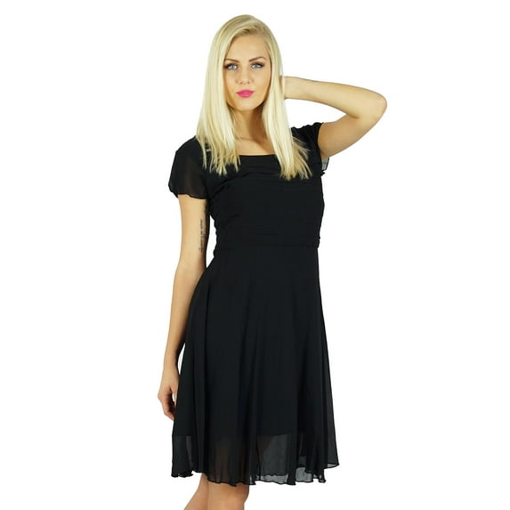 Bimba Women Little Black Dress Semi Sheer Georgette Pleated Top Lined Dress