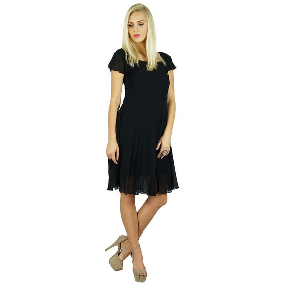 Bimba Women Little Black Dress Semi Sheer Georgette Pleated Top Lined Dress