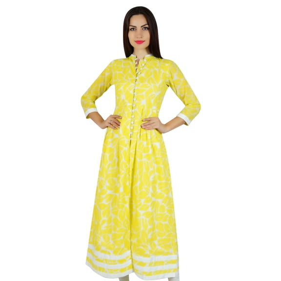 Bimba Women Long A-Line Kurti Indian Ethnic 3/4 Sleeve Blouse-Yellow
