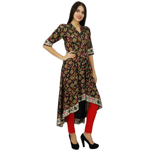 Bimba Women Long Asymmetrial Printed Dress Button Down Rayon Kurti Clothing