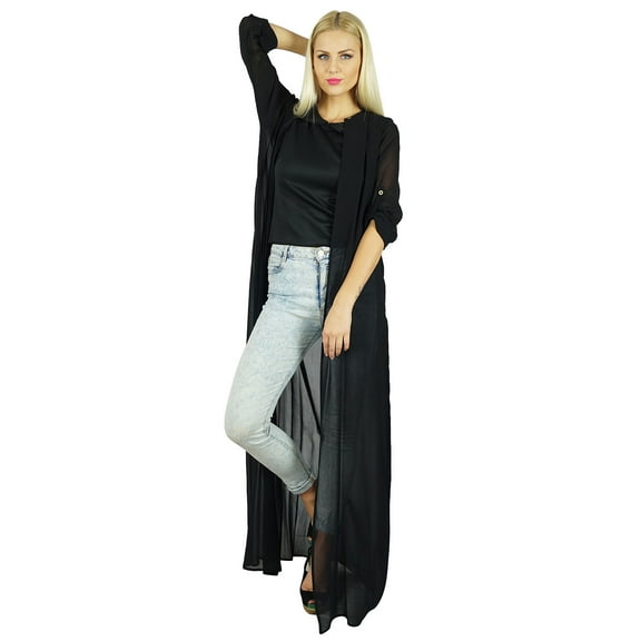 Bimba Women Long Black Georgette Shrug Sheer Cover Up Drape