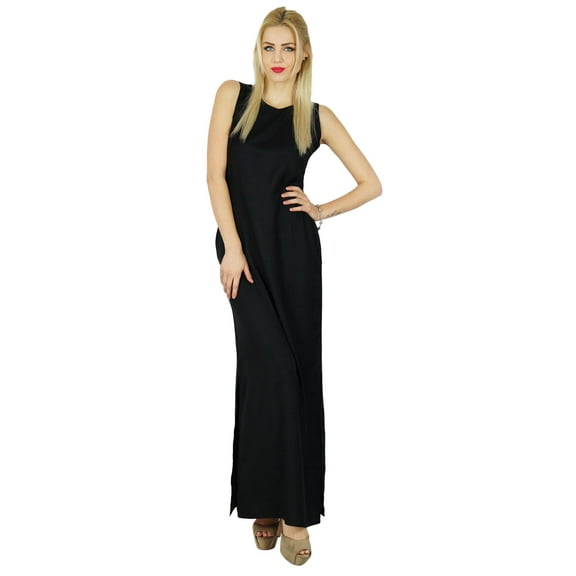 Bimba Women Long Black Maxi Dress Side Slit Casual Wear Comfort Rayon Clothing