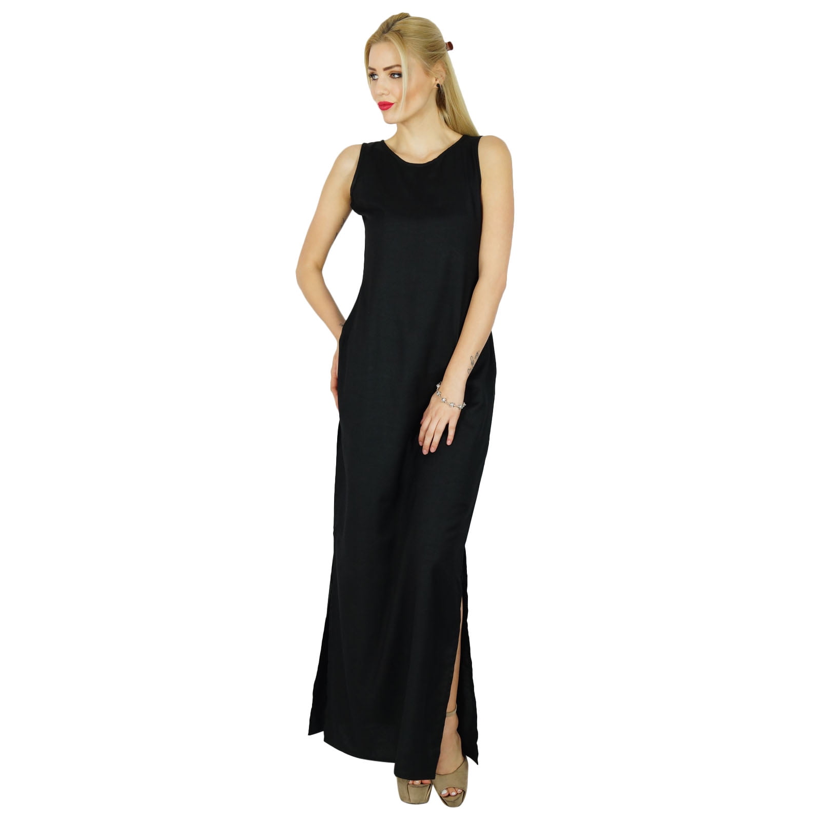 Bimba Women Long Dress Rayón Black Máximo Gown Bohemian