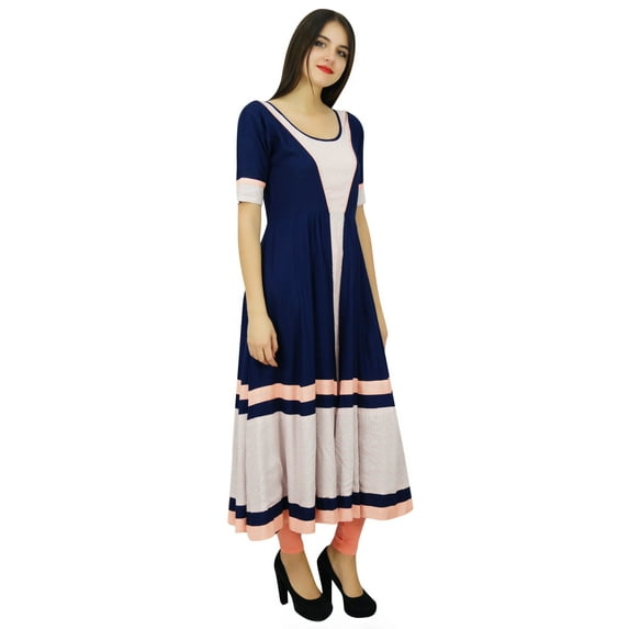 Bimba Women Long Blue Flaired Kurti Dress Short Sleeve Casual Kurta Clothing