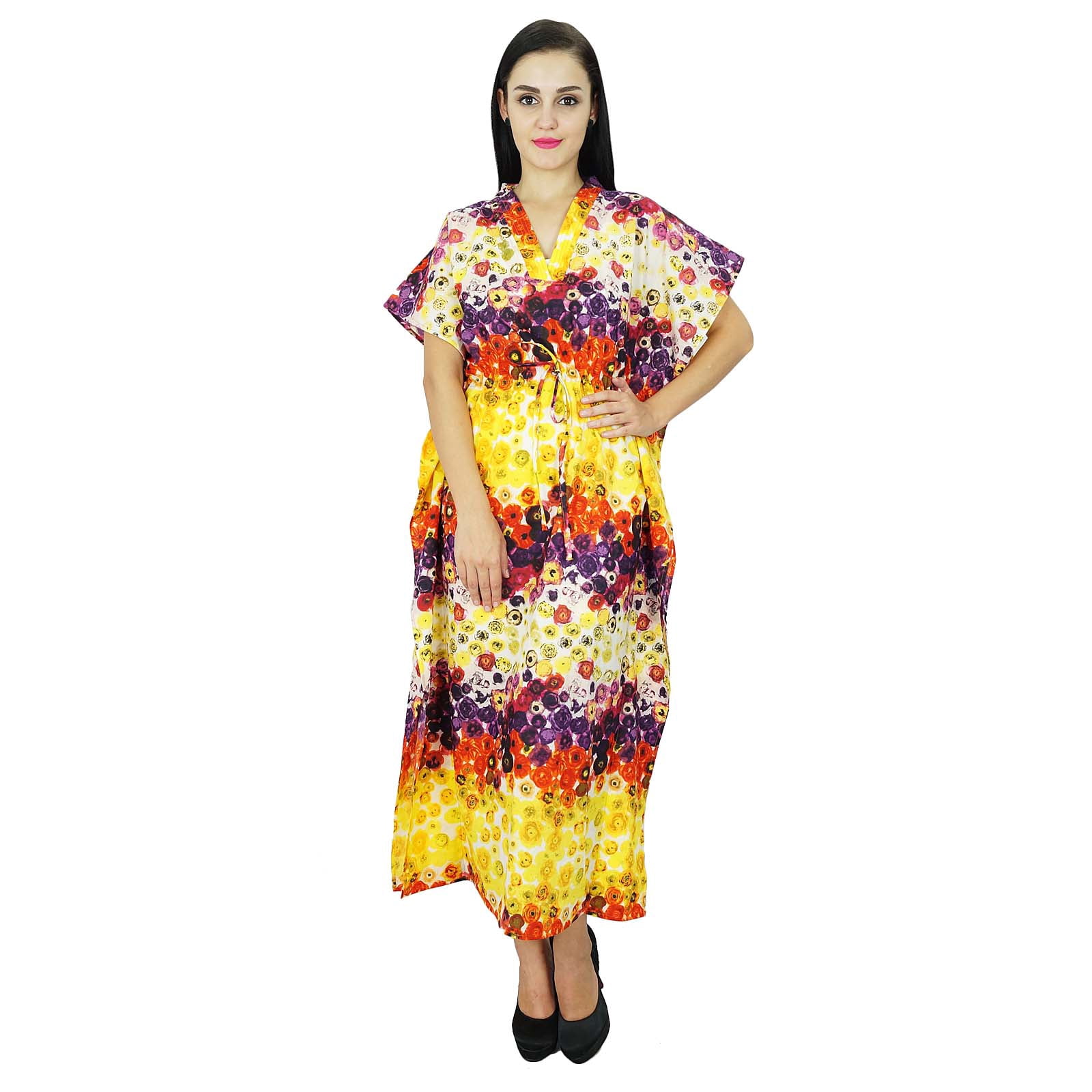 Bimba Women's Long Cotton Kaftan Kimono - Drawstring Cover Up, Nightwear, 52 Inch Length