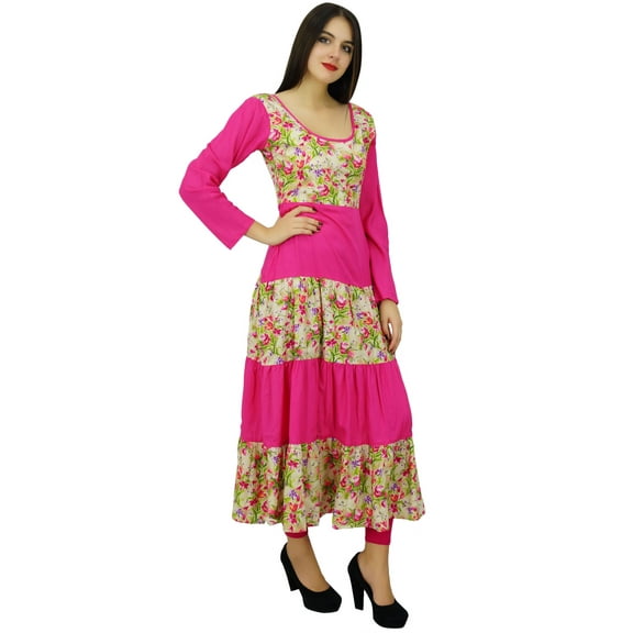 Bimba Women Long Cotton Kurti Pink Ladies Kurta Long-Sleeve Printed Floral Dress