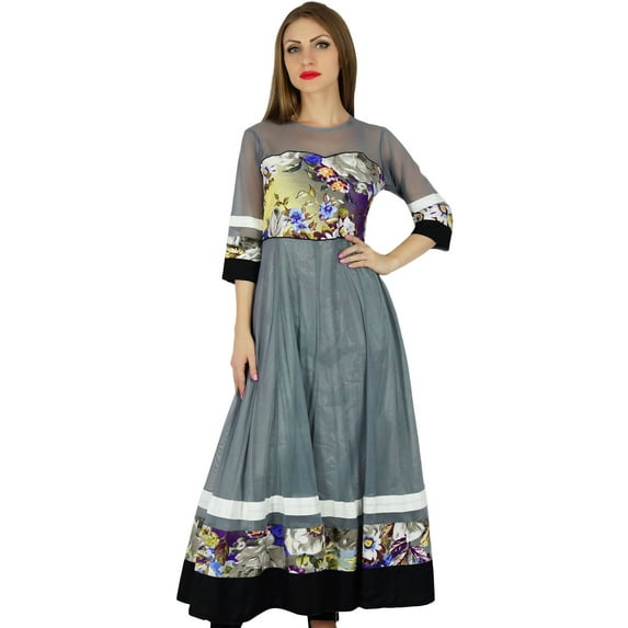 Bimba Women Long Flaired Anarkali Kurti Gray Party Kurta Sheer Sleeve Blouse