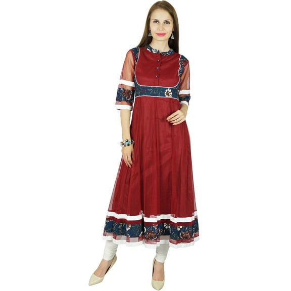 Bimba Women Long Flaired Anarkali Kurti Indian Kurta Indian Classic Blouse- Maroon