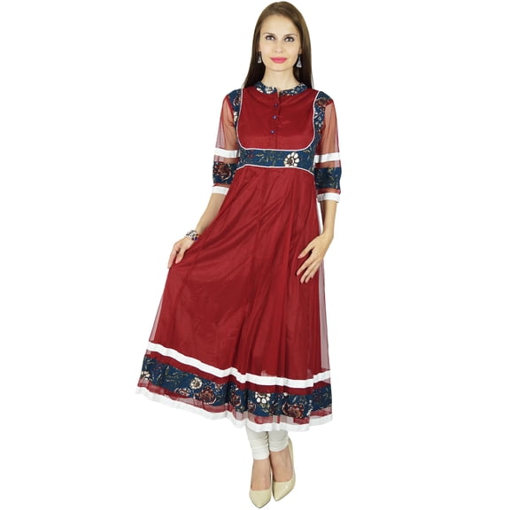 Bimba Women Long Flaired Anarkali Kurti Indian Kurta Indian Classic Blouse- Maroon