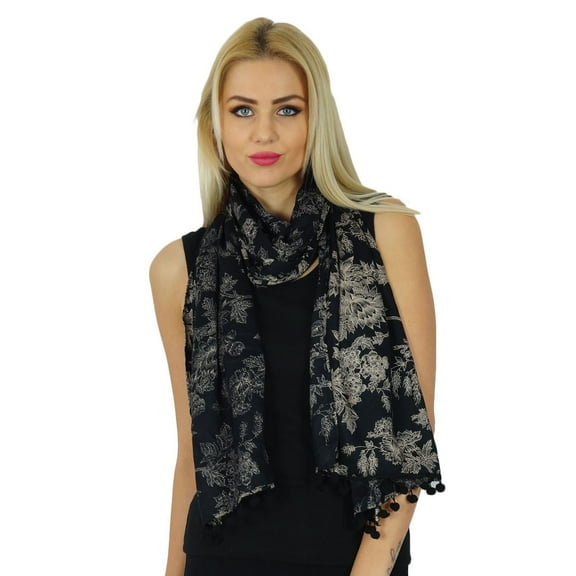 Bimba Women Long Floral Print Rayon Scarves With Pom Pom Scarf Accessories
