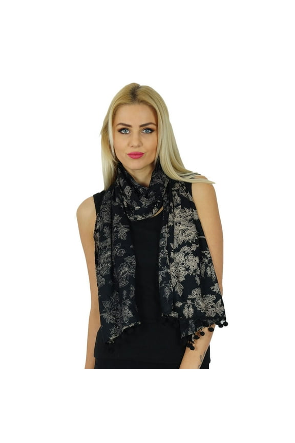 Women Long Floral Print Rayon Scarves With Pom Pom Scarf Accessories