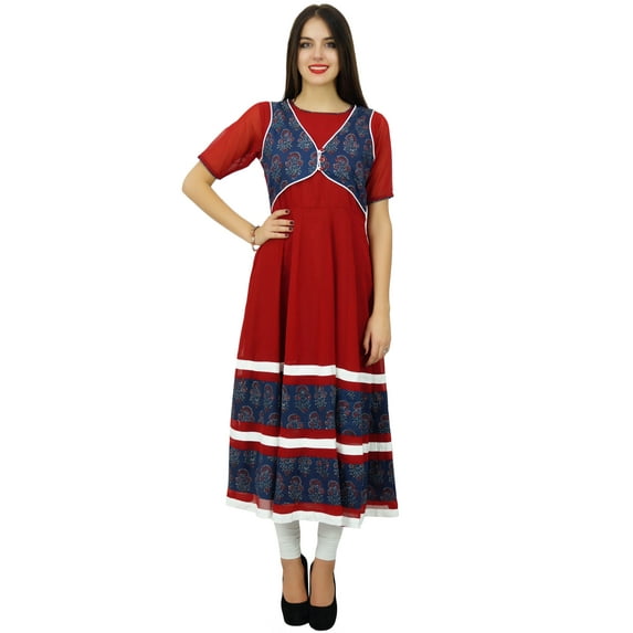 Bimba Women Long Georgette Printed Kurta Flaired Maroon Party Wear Kurti Dress