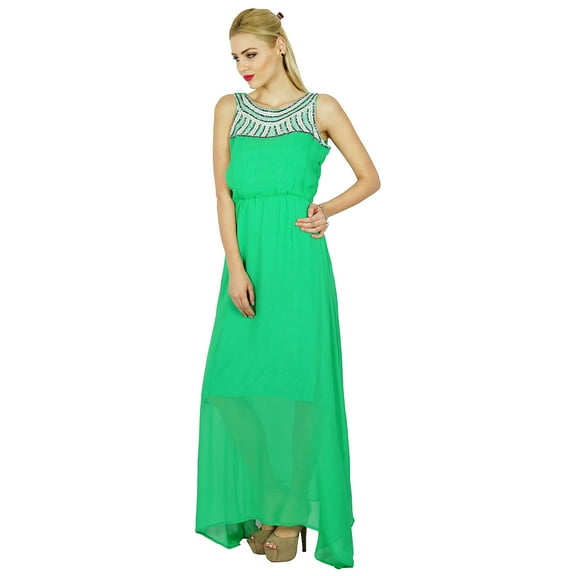 Bimba Women Long Green Maxi Half Lined Dress Hand Beaded Neck Sleeveless Gown