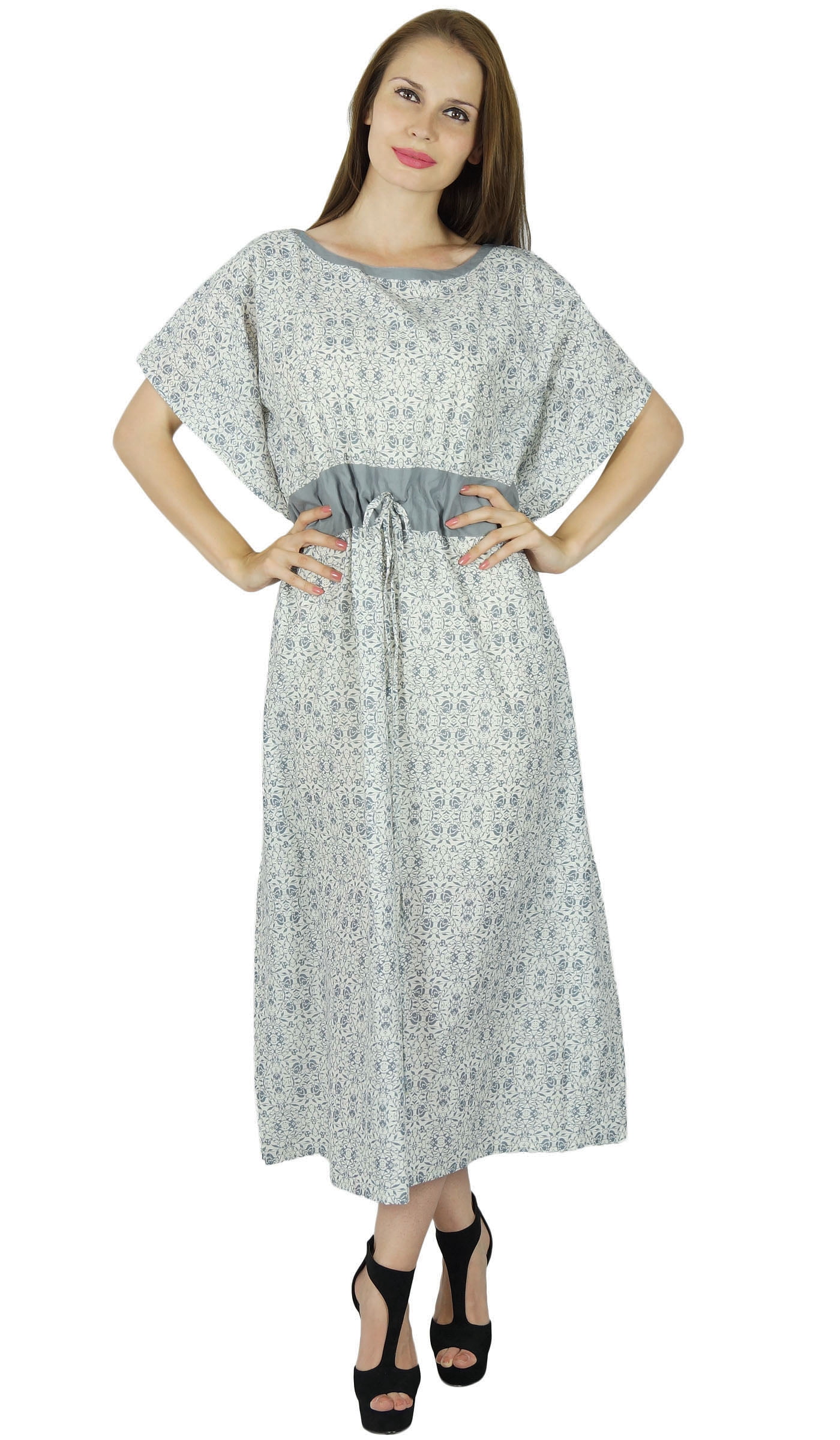 Bimba Women's Long Printed Cotton Kaftan - Maxi Length Nightwear, Coverup, Or Boho Dress