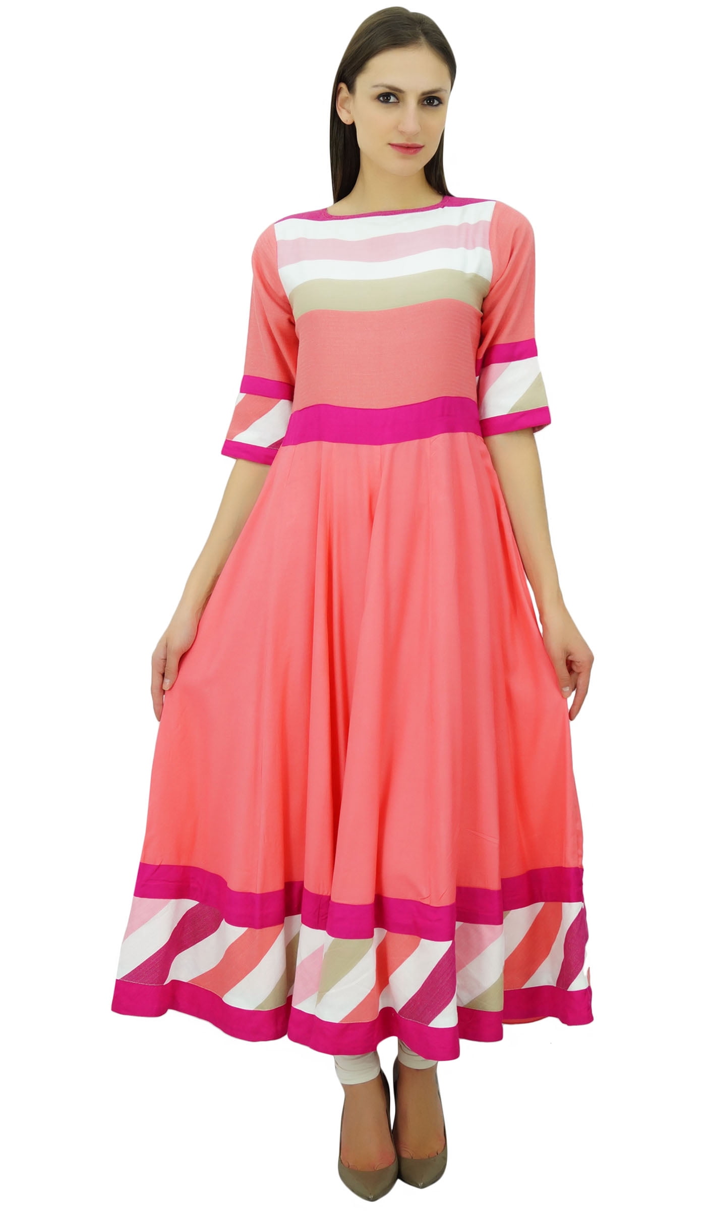 Bimba Women Long Kurti Peach Indian Maxi Dress Kurta Casual Chic Custom Clothing