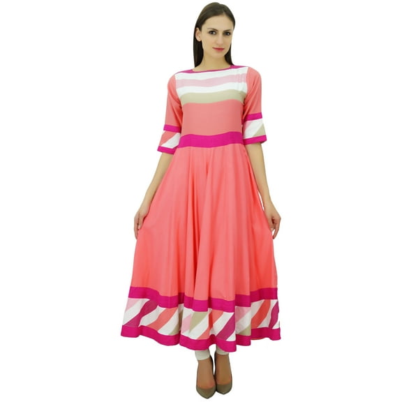 Bimba Women Long Kurti Peach Indian Maxi Dress Kurta Casual Chic Custom Clothing