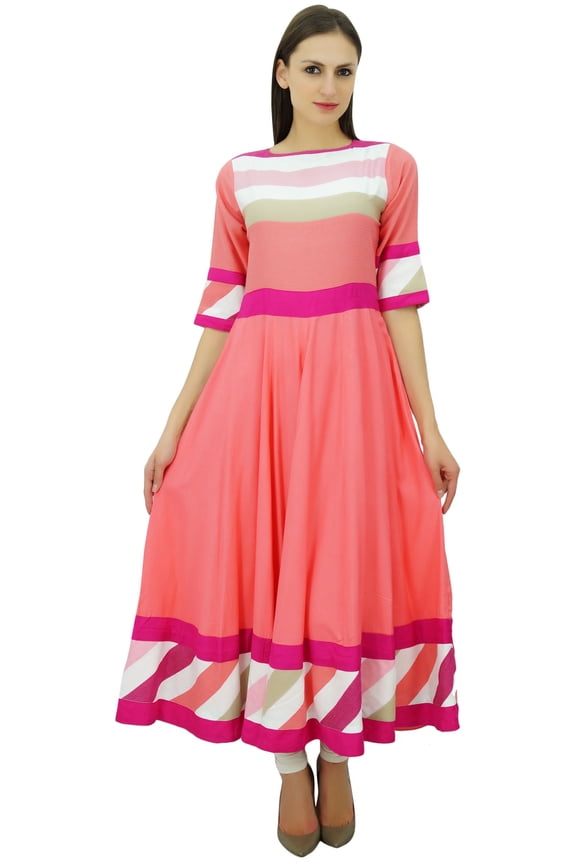 Women Long Kurti Peach Indian Maxi Dress Kurta Casual Chic Custom Clothing