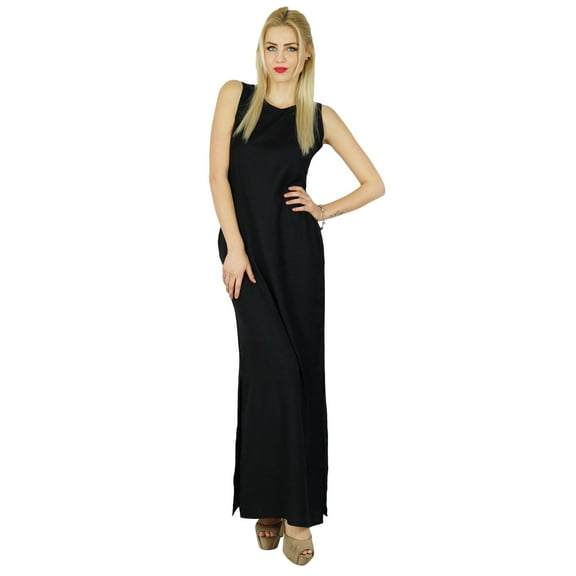 Bimba Women Long Maxi Black Sleeveless Slit Dress Comes With Printed Poncho Crop Top