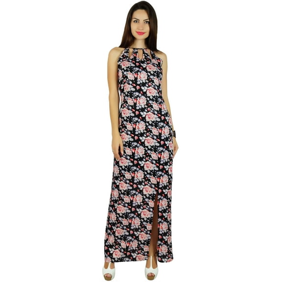 Bimba Women Long Maxi Dress With Slit Black Floral Ankle Length Summer Dresses