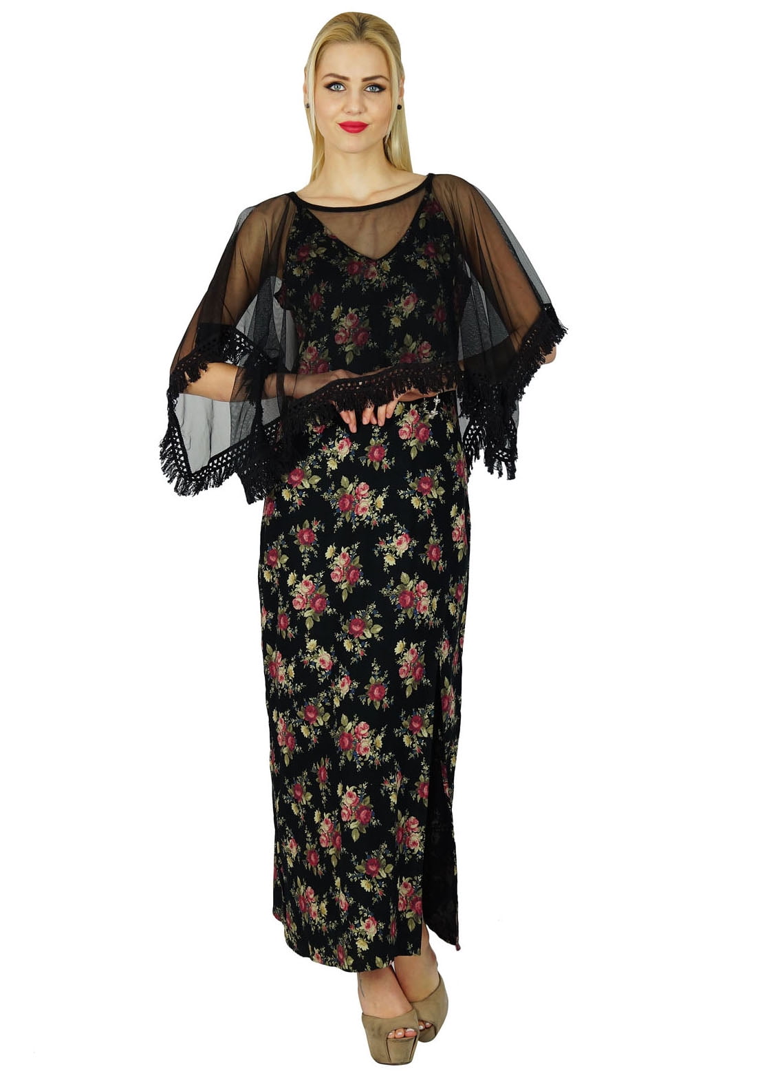 knee length dresses for ladies Flowy Poncho Style Top Maxi Dress Set in Rust main image 1